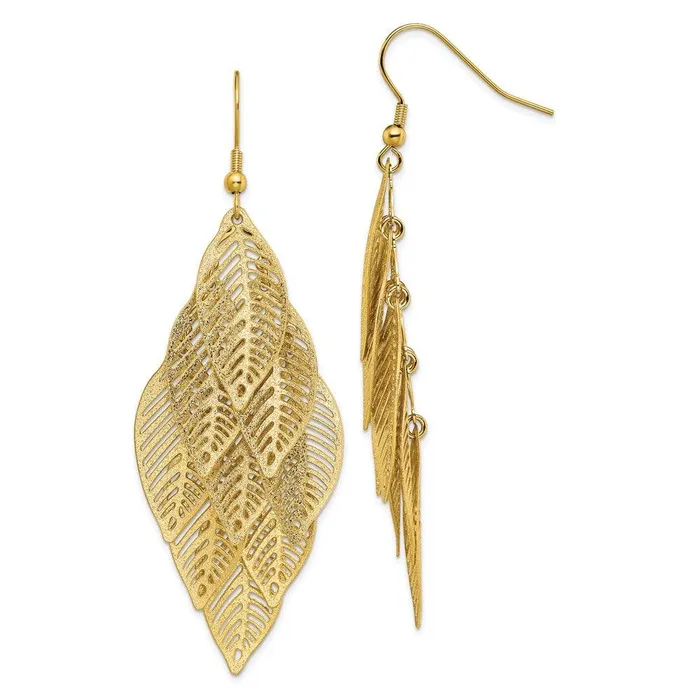 Stainless Steel Polished and Textured Yellow IP Leaves Dangle Earrings Chisel Earrings Stainless Steel Polished and Textured Yellow IP Leaves Dangle Earrings Chisel Earrings