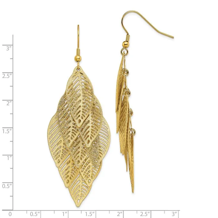 Stainless Steel Polished and Textured Yellow IP Leaves Dangle Earrings Chisel Earrings Stainless Steel Polished and Textured Yellow IP Leaves Dangle Earrings Chisel Earrings