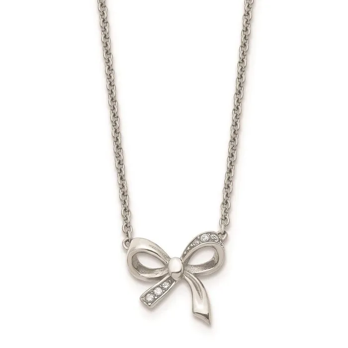 Stainless Steel Polished CZ Bow with 175in ext Necklace Chisel Necklaces