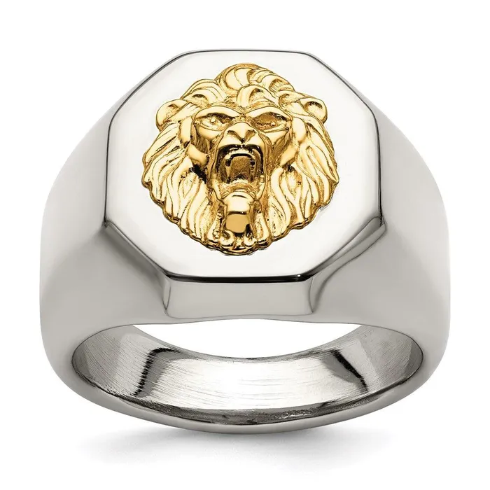 Stainless Steel w14k Accent Polished Lion Head Ring Chisel Rings