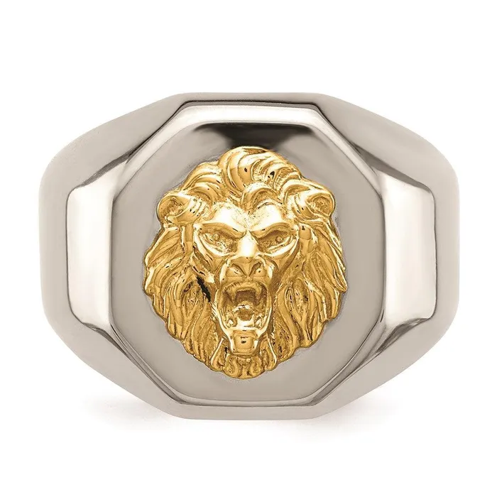 Stainless Steel w14k Accent Polished Lion Head Ring Chisel Rings Stainless Steel w14k Accent Polished Lion Head Ring Chisel Rings