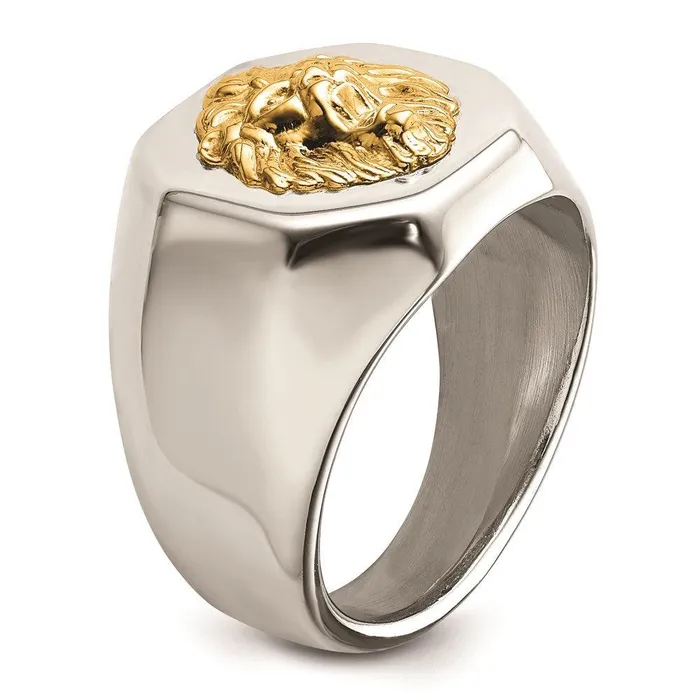 Stainless Steel w14k Accent Polished Lion Head Ring Chisel Rings Stainless Steel w14k Accent Polished Lion Head Ring Chisel Rings