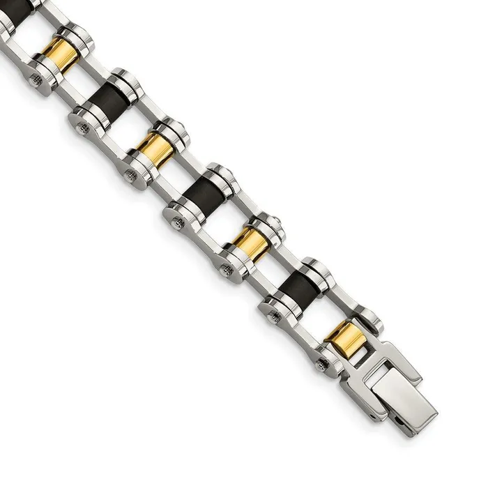 Stainless Steel Yellow IPplated and Black Rubber Bracelet Chisel Bracelets
