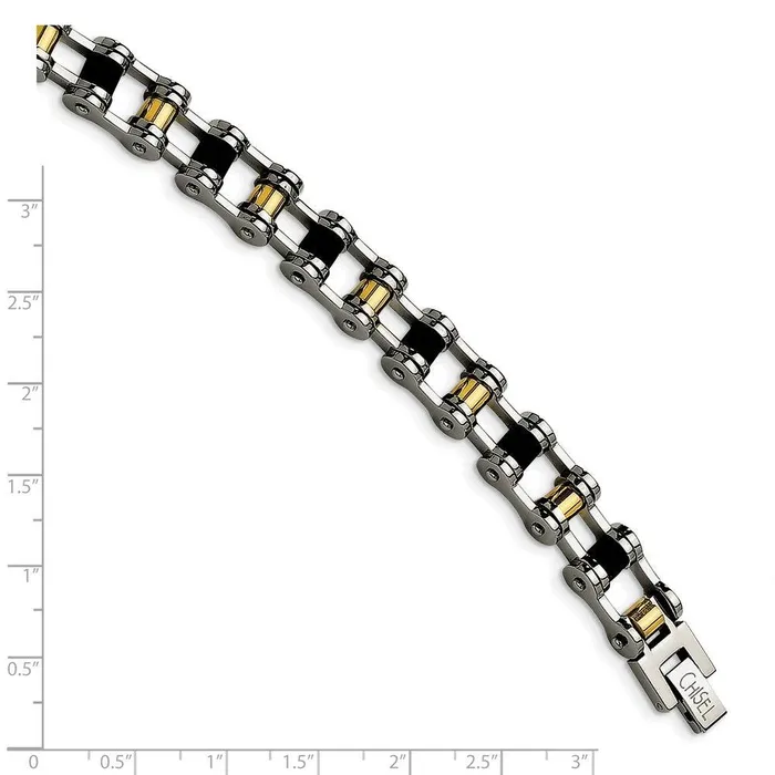 Stainless Steel Yellow IPplated and Black Rubber Bracelet Chisel Bracelets Stainless Steel Yellow IPplated and Black Rubber Bracelet Chisel Bracelets