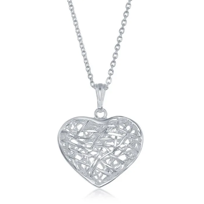 Sterling Silver 17 Inch Open Diamond Cut Heart Necklace Classic Necklaces