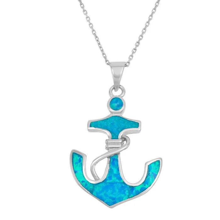 Sterling Silver Blue Inlay Opal Anchor Pendant Classic Necklaces