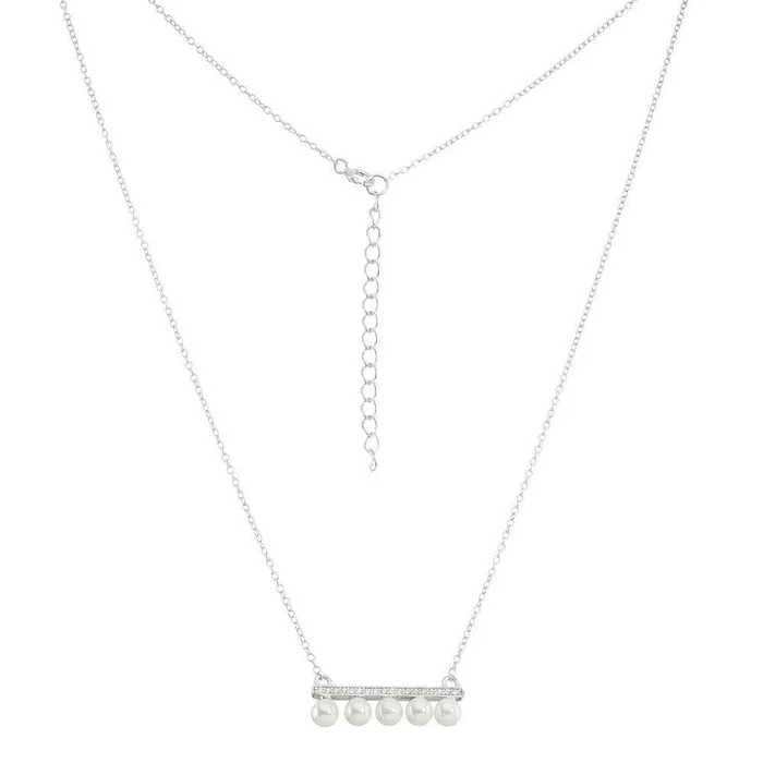 Sterling Silver CZ Bar with 5 Pearl Necklace Classic Necklaces