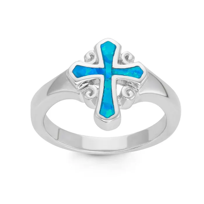 Sterling Silver Fancy Blue Inlay Opal Cross Ring W1360 Classic Rings