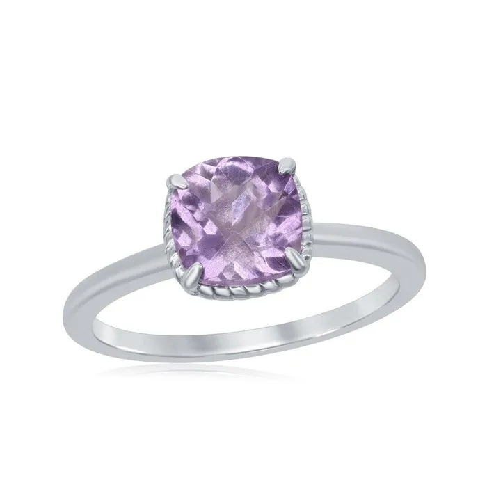 Sterling Silver FourProng Square Amethyst Rope Design Border Ring Classic Rings Sterling Silver FourProng Square Amethyst Rope Design Border Ring Classic Rings