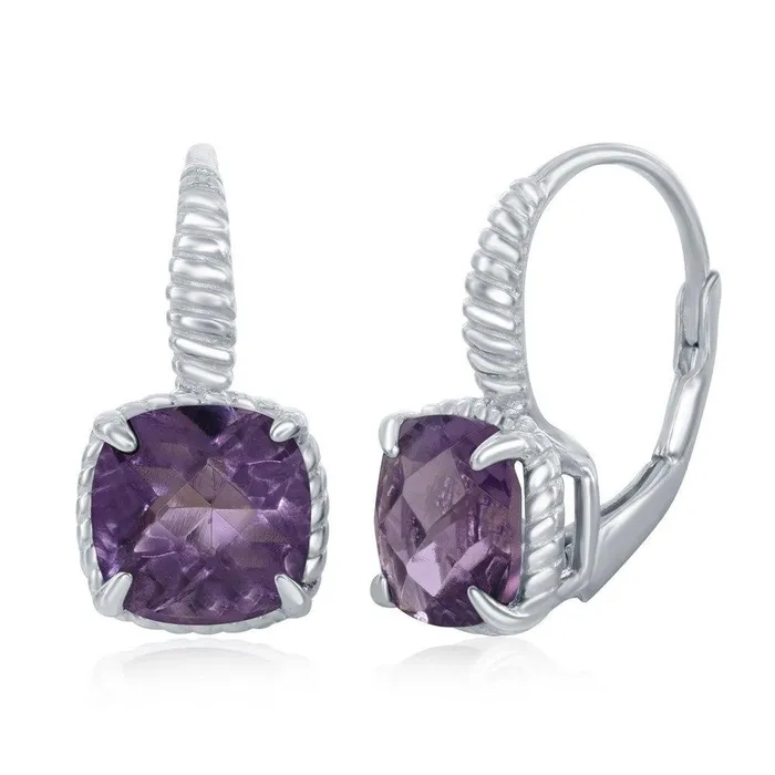 Sterling Silver FourProng Square Amethyst with Rope Design Border Earrings Classic Earrings