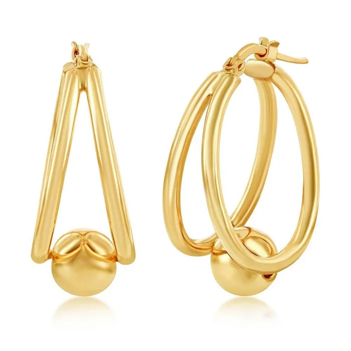 Sterling Silver Gold Plated Double Oval with 8mm Bead Earrings Classic Earrings
