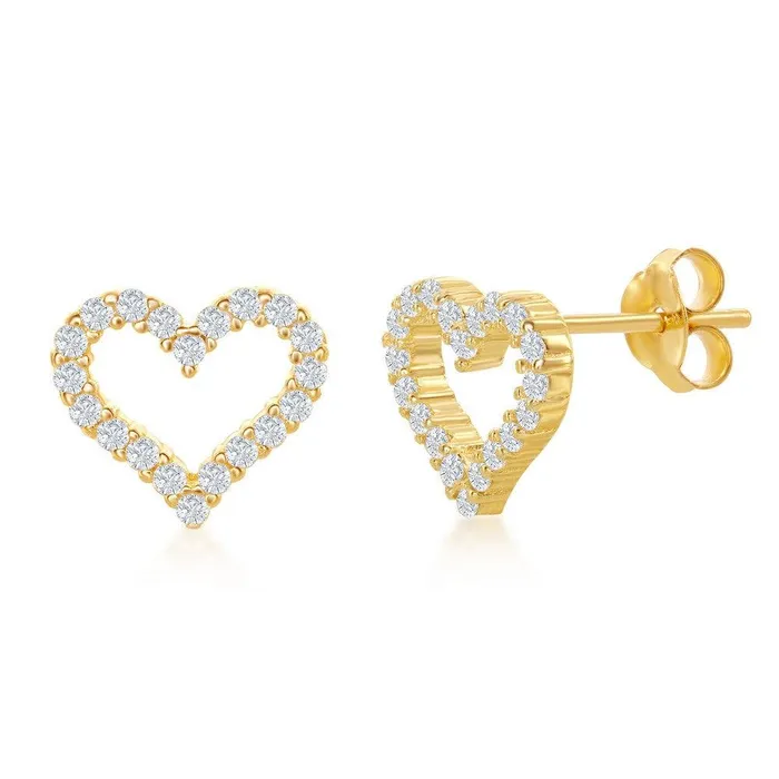 Sterling Silver Gold Plated Open Heart CZ Stud Earrings Classic Earrings