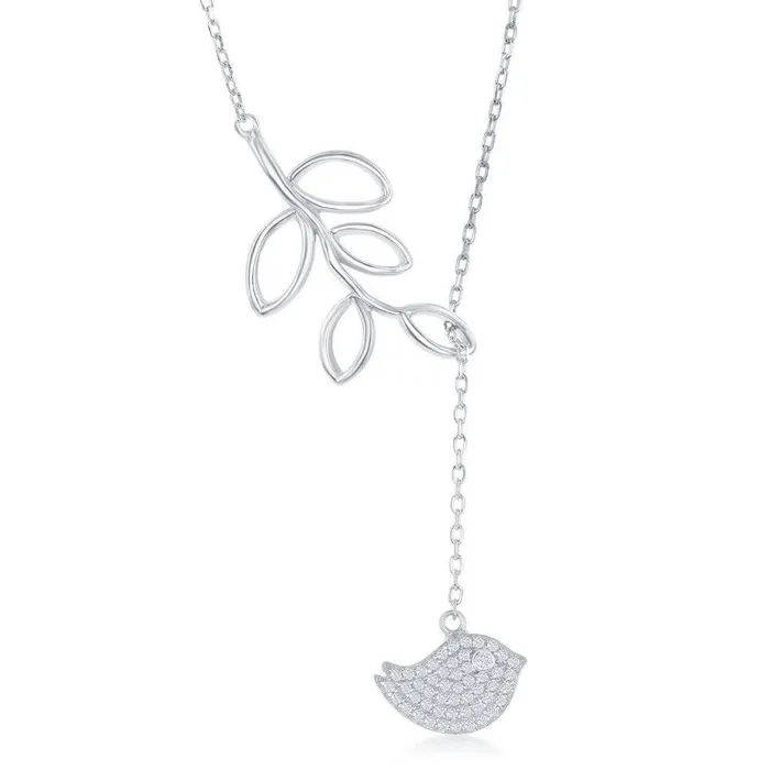 Sterling Silver Leaf with Hanging CZ Bird Lariat Y Necklace Classic Necklaces Sterling Silver Leaf with Hanging CZ Bird Lariat Y Necklace Classic Necklaces