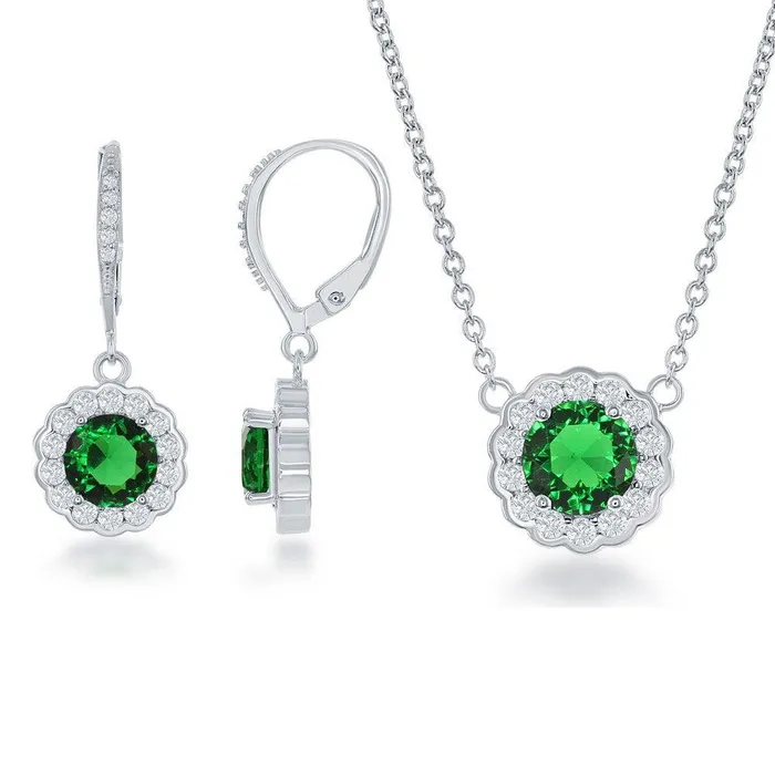 Sterling Silver May Birthstone With CZ Border Round Earrings and Necklace Set Classic Necklaces Sterling Silver May Birthstone With CZ Border Round Earrings and Necklace Set Classic Necklaces