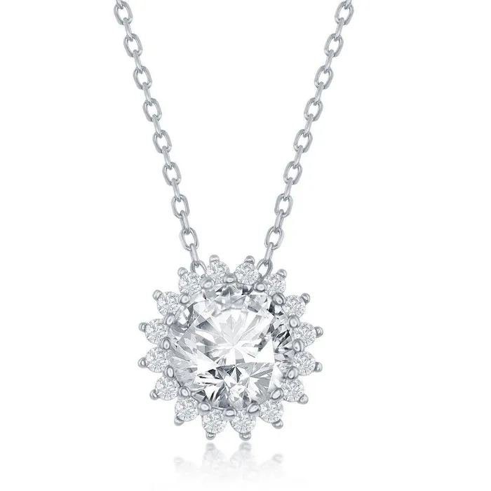 Sterling Silver Round Halo Flower Cubic Zirconia Necklace Classic Necklaces Sterling Silver Round Halo Flower Cubic Zirconia Necklace Classic Necklaces