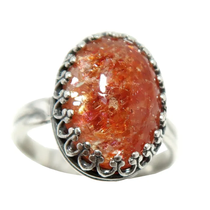 Sunstone Ring Red Sun Gem Sterling Silver Adjustable Satin Crystals Rings