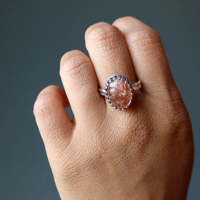 Sunstone Ring Red Sun Gem Sterling Silver Adjustable Satin Crystals Rings