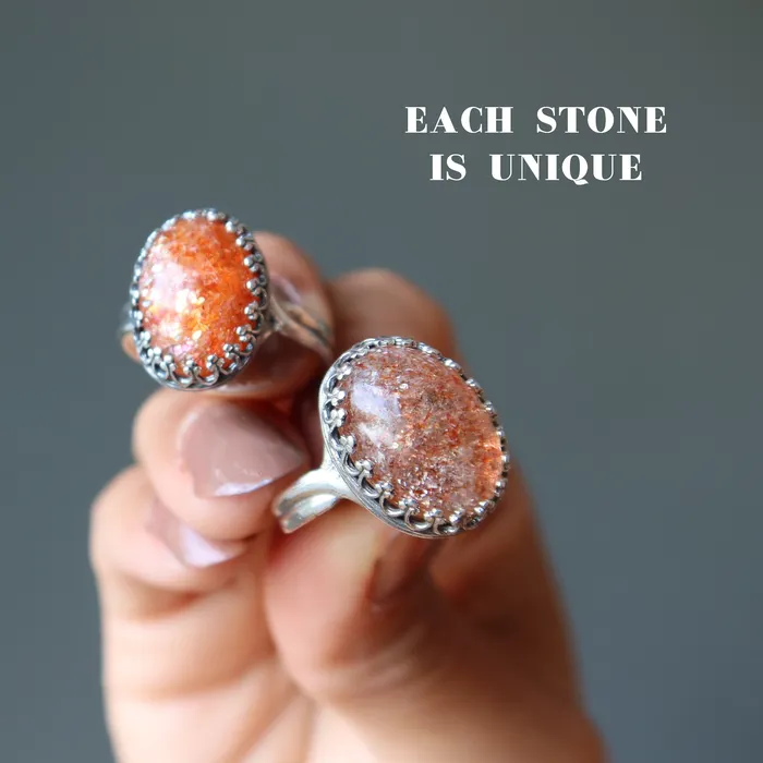 Sunstone Ring Red Sun Gem Sterling Silver Adjustable Satin Crystals Rings