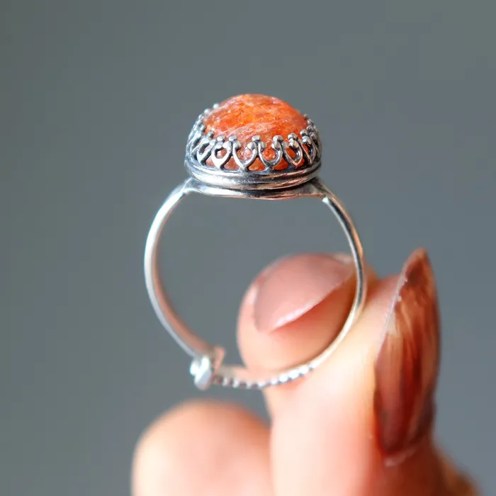 Sunstone Ring Red Sun Gem Sterling Silver Adjustable Satin Crystals Rings