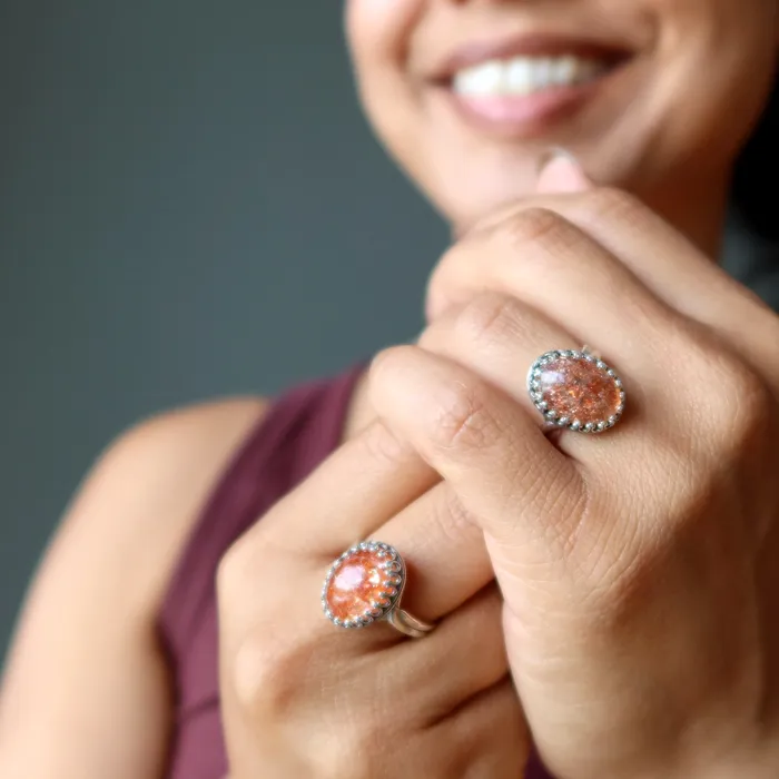 Sunstone Ring Red Sun Gem Sterling Silver Adjustable Satin Crystals Rings