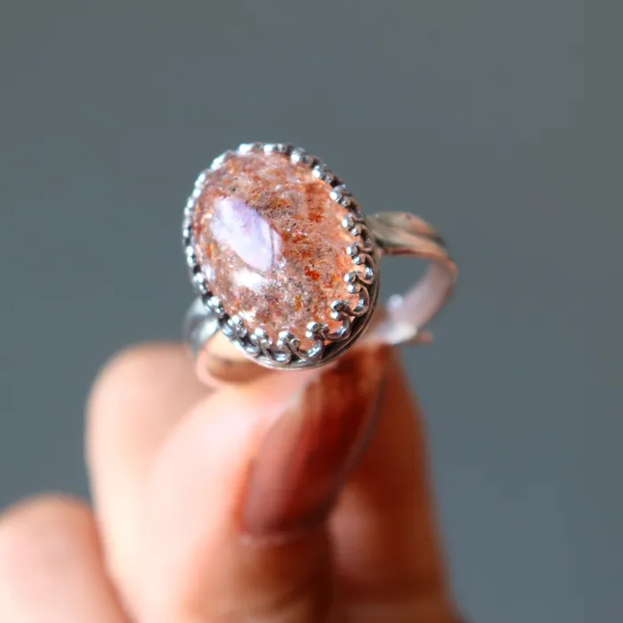 Sunstone Ring Red Sun Gem Sterling Silver Adjustable Satin Crystals Rings