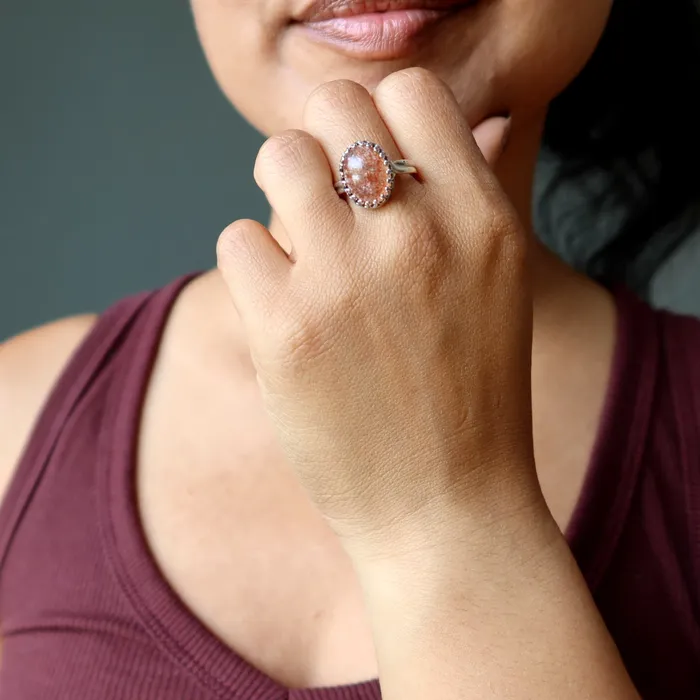 Sunstone Ring Red Sun Gem Sterling Silver Adjustable Satin Crystals Rings
