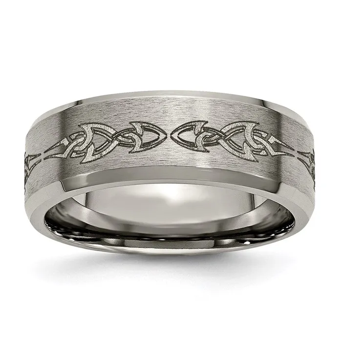 Titanium Beveled Edge 8mm Laser Design Brushed Polished Band TB115C Chisel Rings Titanium Beveled Edge 8mm Laser Design Brushed Polished Band TB115C Chisel Rings