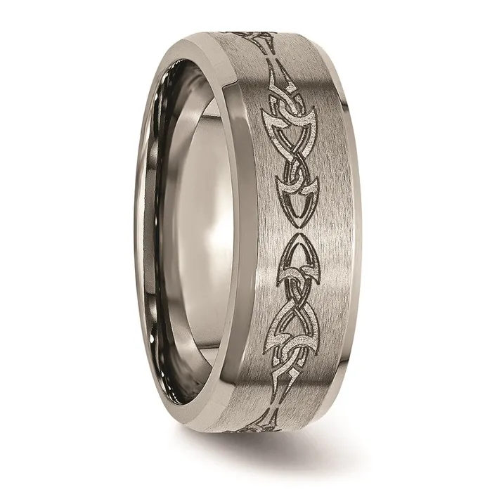 Titanium Beveled Edge 8mm Laser Design Brushed Polished Band TB115C Chisel Rings Titanium Beveled Edge 8mm Laser Design Brushed Polished Band TB115C Chisel Rings