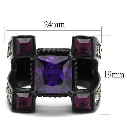 TK1072J IP BlackIon Plating Stainless Steel Ring with AAA Grade CZ in Amethyst Alamode Rings
