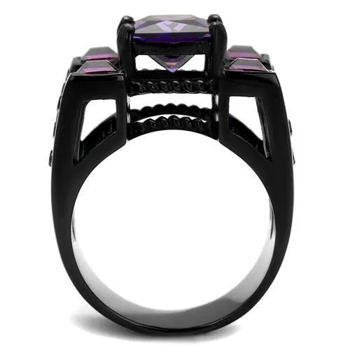 TK1072J IP BlackIon Plating Stainless Steel Ring with AAA Grade CZ in Amethyst Alamode Rings