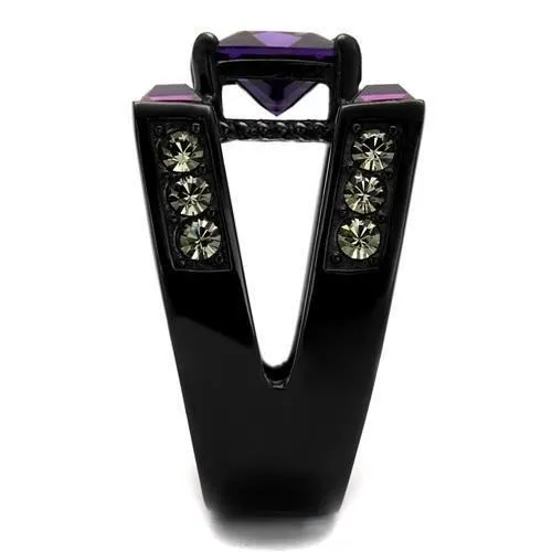 TK1072J IP BlackIon Plating Stainless Steel Ring with AAA Grade CZ in Amethyst Alamode Rings