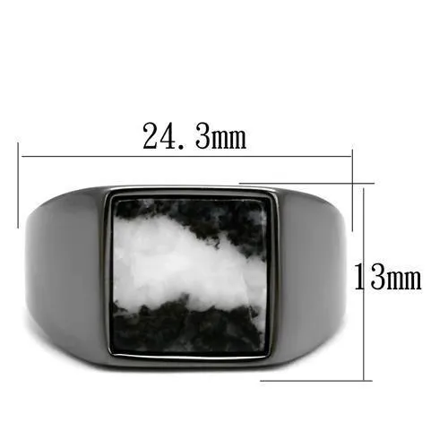 TK3005 IP Light Black IP Gun Stainless Steel Ring with SemiPrecious Zebra Jasper in Gray Alamode Rings
