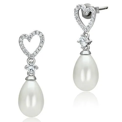 TS064 Rhodium 925 Sterling Silver Earrings with Synthetic Pearl in White Alamode Earrings