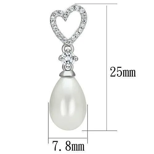 TS064 Rhodium 925 Sterling Silver Earrings with Synthetic Pearl in White Alamode Earrings