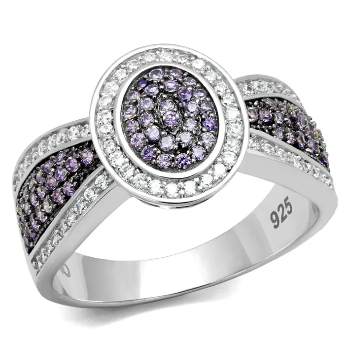 TS523 Rhodium Ruthenium 925 Sterling Silver Ring with AAA Grade CZ in Amethyst Alamode Rings