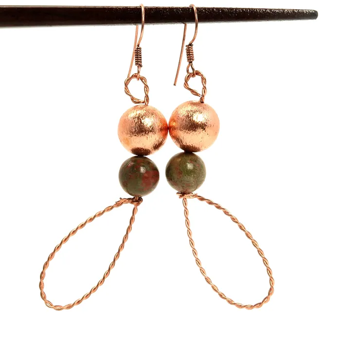 Unakite Earrings Twist of Fate Designer Statement Copper Loops Satin Crystals Earrings Unakite Earrings Twist of Fate Designer Statement Copper Loops Satin Crystals Earrings