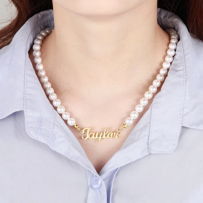 VVS Jewelry Necklaces VVS Jewelry Pearl Custom Cursive Name Chain