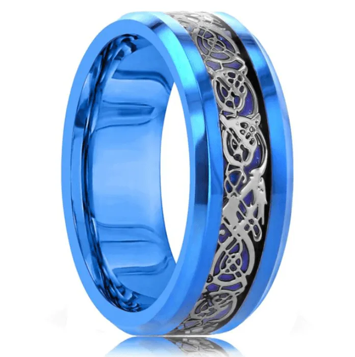 VVS Jewelry Rings 8MM Blue Tungsten with Silver Celtic Dragon Inlay