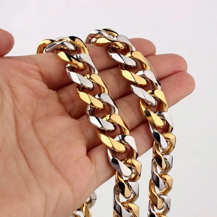 VVS Jewelry Stainless Steel Twotone Curb Cuban Chain FREE bracelet VVS Jewelry Bracelets