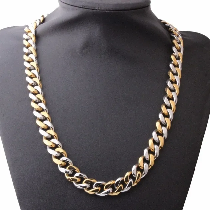 VVS Jewelry Stainless Steel Twotone Curb Cuban Chain FREE bracelet VVS Jewelry Bracelets
