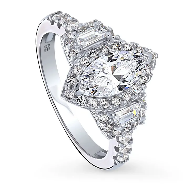 3Stone Halo 1ct Marquise CZ Ring in Sterling Silver BERRICLE Rings