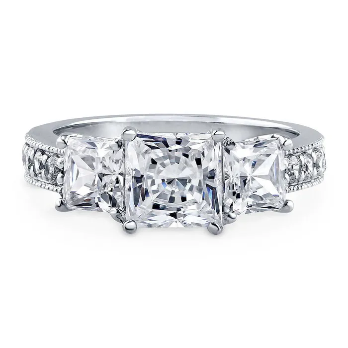 BERRICLE 3Stone 16ct Princess CZ Ring in Sterling Silver Rings