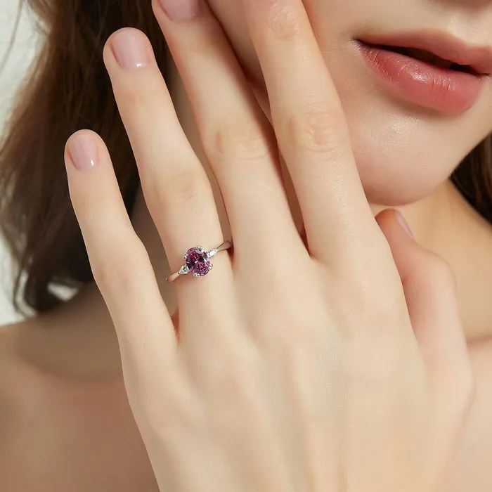 BERRICLE 3Stone Purple Oval CZ Ring in Sterling Silver 12ct Rings