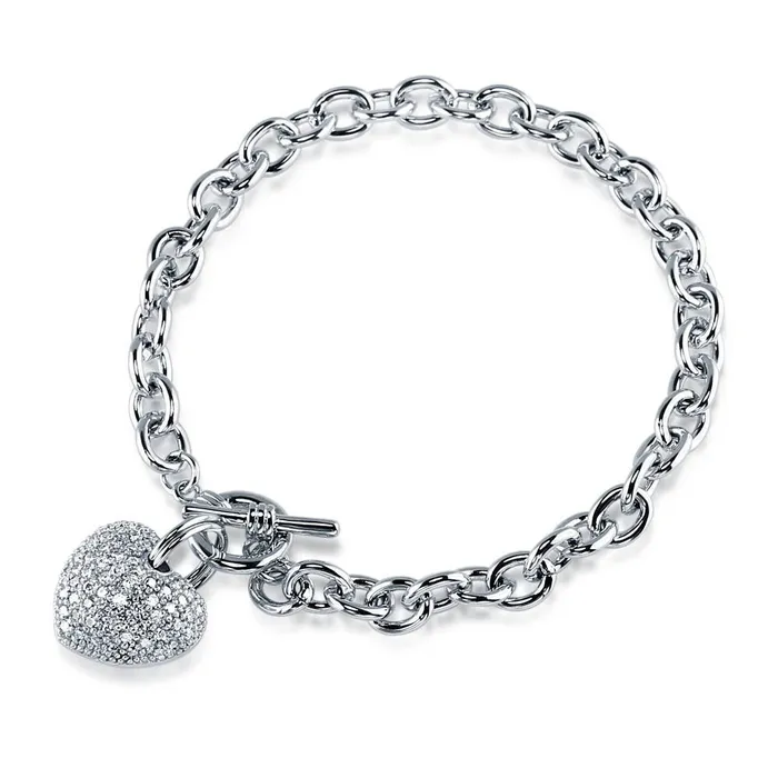 BERRICLE Bracelets Heart CZ Toggle Charm Bracelet in SilverTone