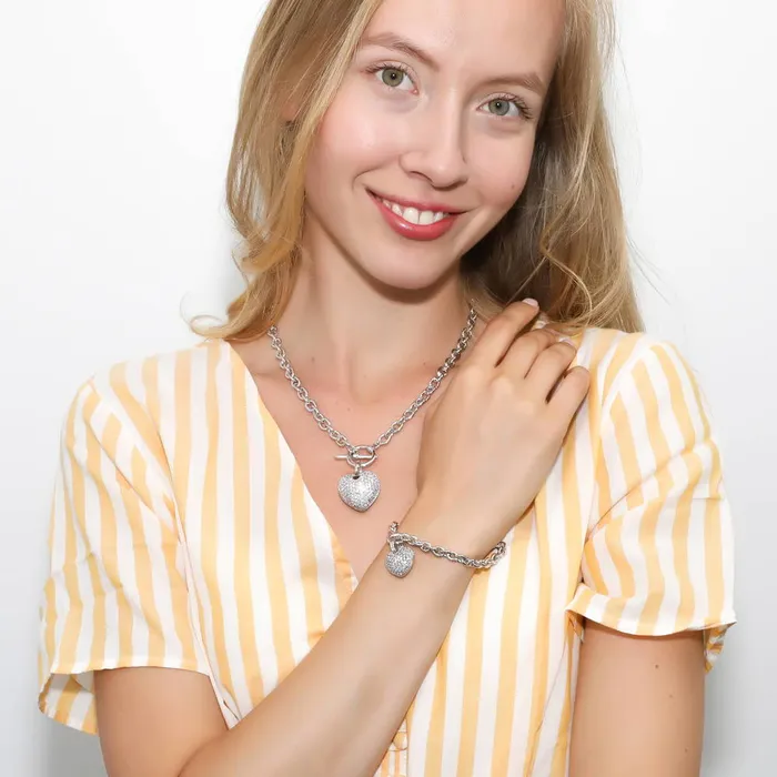 BERRICLE Bracelets Heart CZ Toggle Charm Bracelet in SilverTone