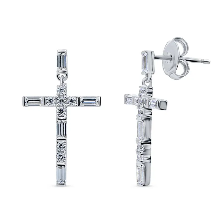 BERRICLE Earrings Cross CZ Dangle Earrings in Sterling Silver