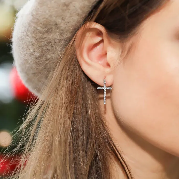 BERRICLE Earrings Cross CZ Dangle Earrings in Sterling Silver