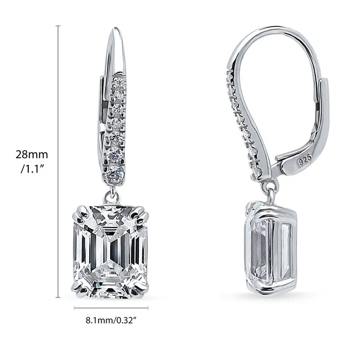 BERRICLE Earrings Solitaire Emerald Cut CZ Leverback Earrings in Sterling Silver