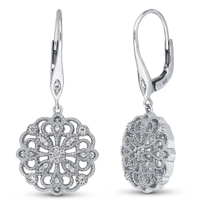 BERRICLE Flower Filigree CZ Leverback Earrings in Sterling Silver Earrings