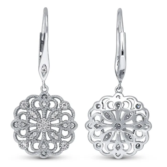 BERRICLE Flower Filigree CZ Leverback Earrings in Sterling Silver Earrings